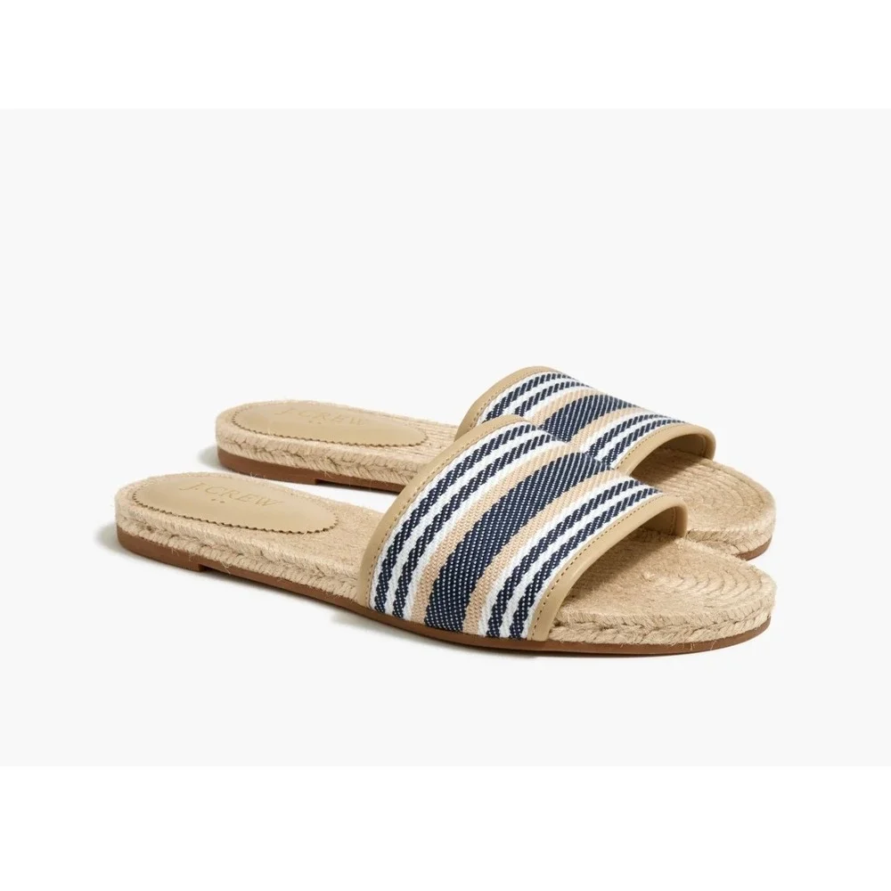 J. Crew Factory Womens Espadrille Slide Sandals 9 Navy Beige Flats Preppy FLAW